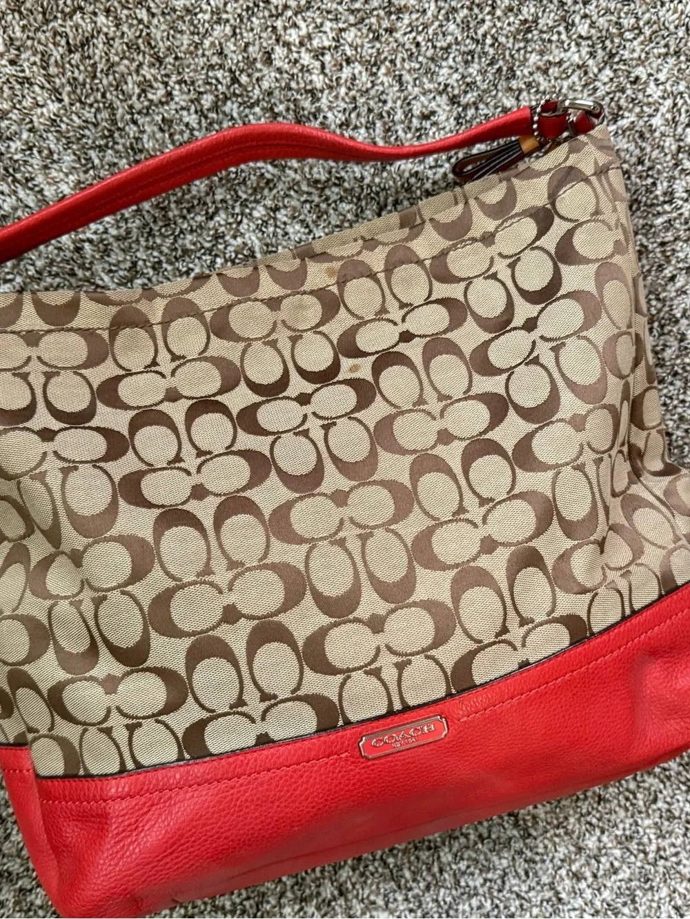 Coach Tan/Brown Signature Canvas Hobo with Red Leather Trim